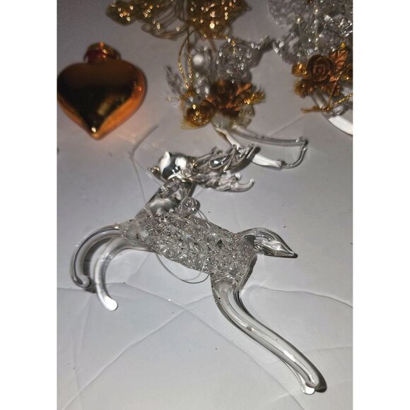 Set Of 8 Handcrafted Glass Christmas Ornaments - Reindeer Angels Heart & Gold Wi - Picture 5 of 12